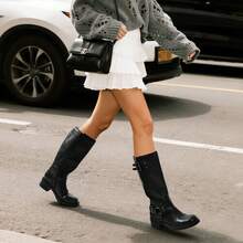 Botas Largas para Mujer, Botas de Motociclista para Dama con Punta Cuadrada - Negro - Ver 12