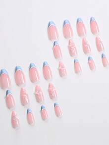 24片/盒珍珠裸色法式水滴美甲贴纸，带蝴蝶结装饰，内含1瓶果冻胶和1把指甲锉，适合女性和女孩使用。