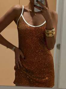 Women Sequin Sparkly Glitter Mini Dress Spaghetti Strap Sleeveless Backless Cami Dress Summer Slim Fit Short Dress Going Out Party Dress For Vacation Cocktail Beach Streetwear - trái cam - Xem 1