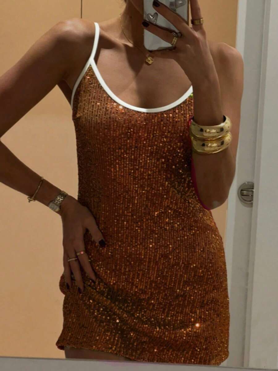 Women Sequin Sparkly Glitter Mini Dress Spaghetti Strap Sleeveless Backless Cami Dress Summer Slim Fit Short Dress Going Out Party Dress For Vacation Cocktail Beach Streetwear - trái cam - Xem 1