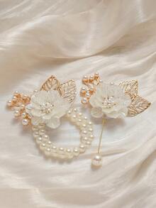 2件/1件玫瑰金金属合金胸针和腕花套装，适合新郎、新娘、婚礼、订婚、活动、派对、宴会、情人节配饰 - A - 查看 2