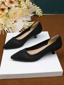 Women's Pointed Toe Shallow Mouth Knitted Hollow Breathable Upper, Stretch And Comfortable, Kitten Heel 1.57 Inches, Suitable For Casual Office Wear, Suitable For Matching Skirts And Trousers - màu đen - Xem 6