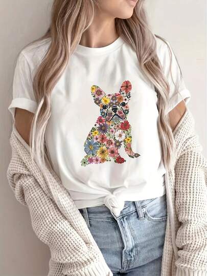 Women's Casual Floral French Bulldog Print T-Shirt - Soft 100%Cotton , Round Neck, Short Sleeve, Machine Washable, Lightweight & Breathable Fabric For Casual Attire