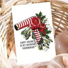 [Funny Holiday Card] 1pc Funny Holiday Card - Humorous Greeting Card With Red Hair Dryer & Holly Design | "Happy Holidays To My Favorite Hairdresser" - Perfect For Women, Friends & Family