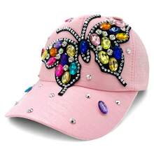 "Rainbow Butterfly" Bling Bling Bead BASEBALL CAP Adjustable, UV Protection, Perfect For Outdoor Activities, Casual - Berwarna merah muda - View 2