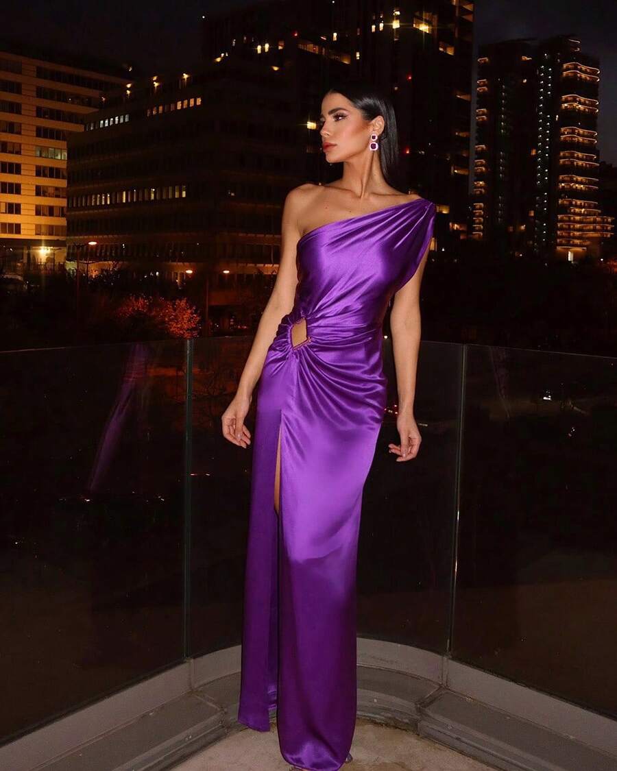 Spring Summer Long Dress Waist-Cinching High-Waist Elegant Commuting Solid Color Asymmetrical Shoulder Elegant Evening Dress - Purple - View 1