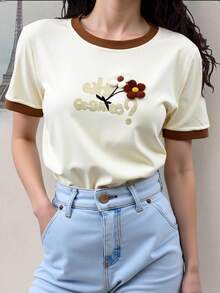 Women's Cropped T-Shirt Short Sleeve Printed Summer Spring Floral Letter Heart Home Holiday - 米色 - 查看 1