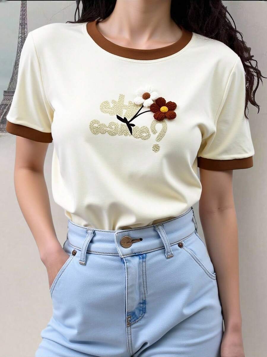 Women's Cropped T-Shirt Short Sleeve Printed Summer Spring Floral Letter Heart Home Holiday - 米色 - 查看 1