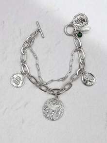 1pc Double-Layer Green Crystal & Waterdrop Pearl Decor Chain Bracelet, Suitable For Daily Wear - Multicolor - View 7