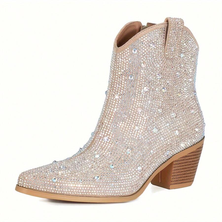 Women Rhinestone Cowboy Boots Glitter Chunky Heel Sparkly Cowgirl Ankle Boots, Dressy Wedding Bride Bridesmaid Prom Graduation Dress Shoes Valentines - 米色 - 查看 1
