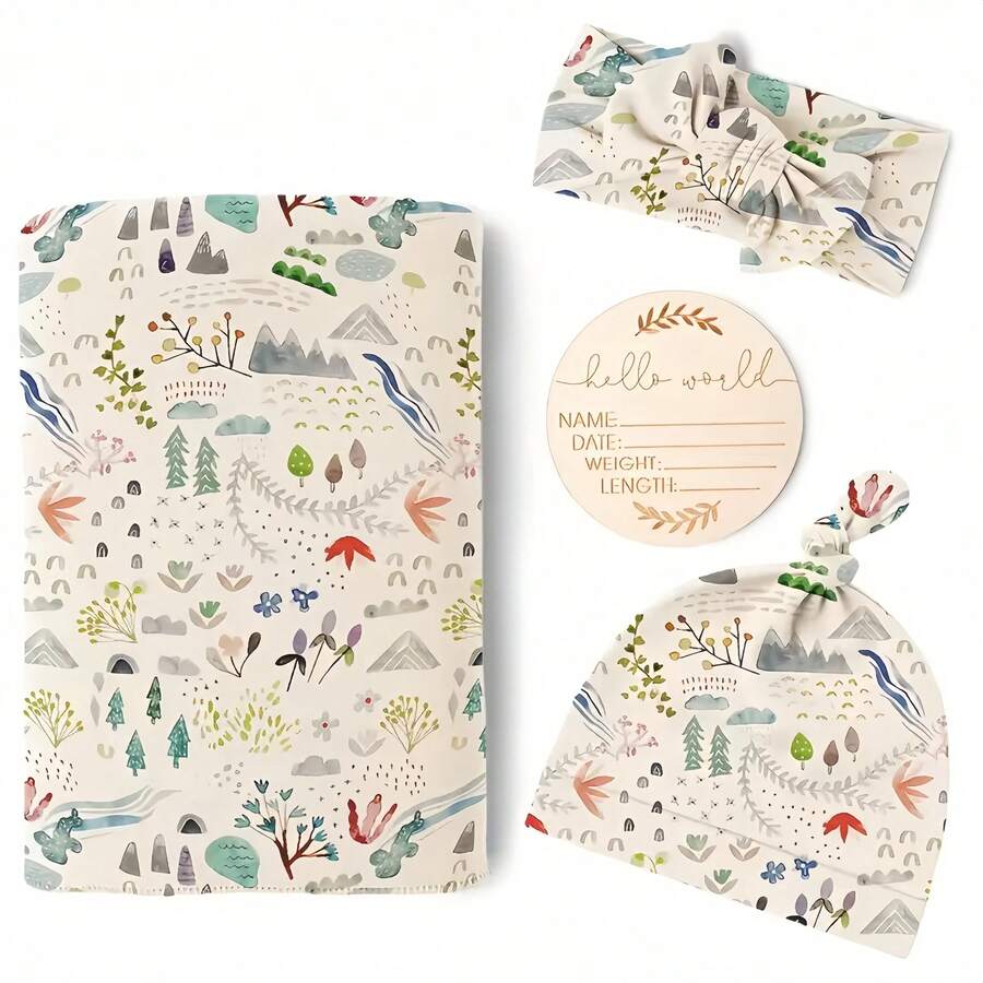4 Pcs Baby Girl Bath Towel Swaddle Blanket And Hat/Headband/Monthly Card Set Newborn Swaddle Blanket Baby Wrap Blanket For Baby Boys And Girls Essential Set Newborn Gift - Cổ điển - Xem 1