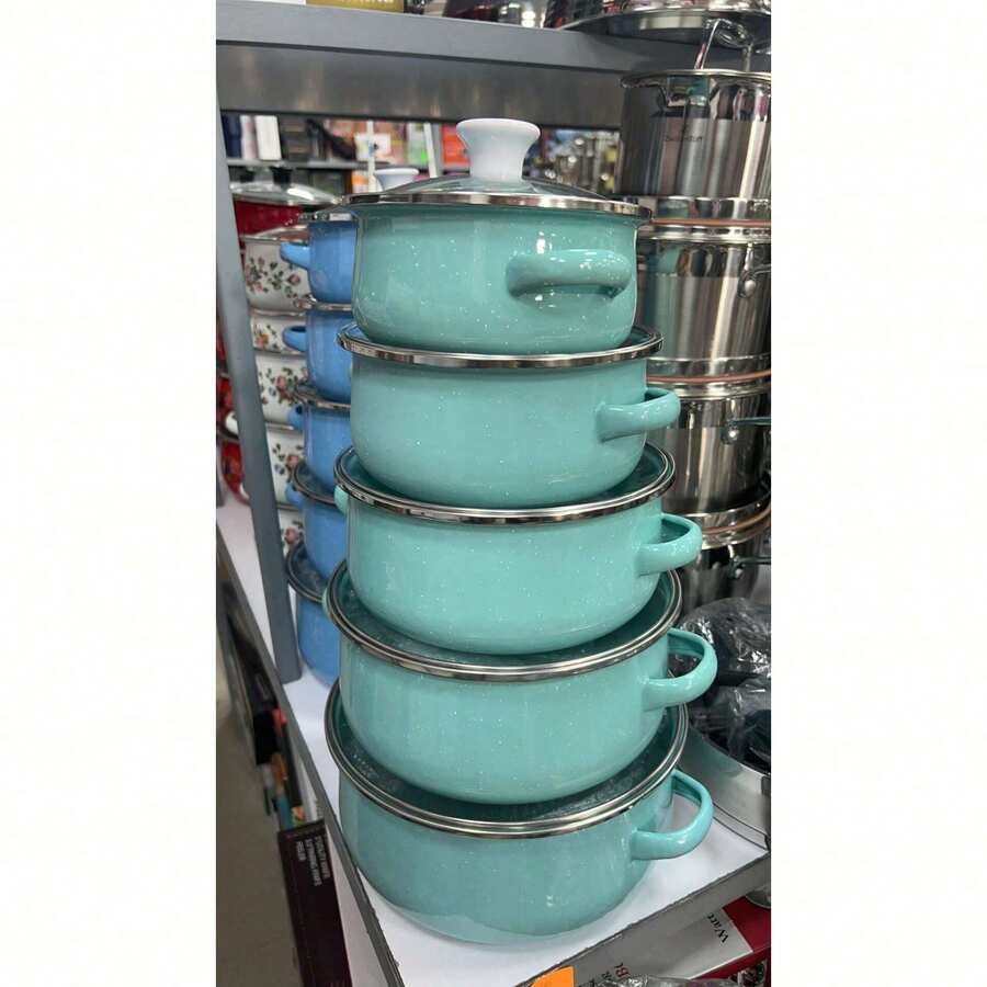 5pcs/Set Thick Double-Ear Rolled Edge Soup Pot, Noodle Pot, Frying Pan Cookware Set - Green - View 1