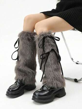 1 双纯色毛绒踝靴女士暖腿套，适合秋冬季
