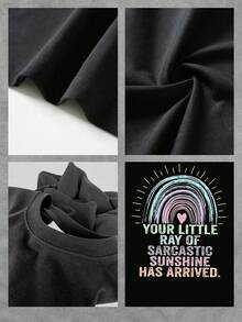 Camiseta gráfica Sarcastic Sunshine para mujer, diseño moderno de corazón de arcoíris, camiseta informal de manga corta, tela de mezcla de algodón cómoda y elegante, perfecta para uso diario. - Negro - Ver 4