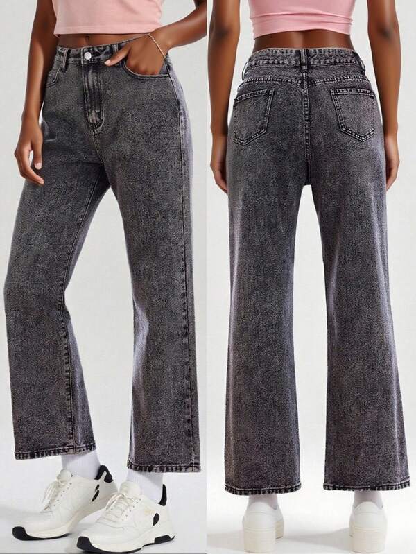 ‌Women's Vintage Denim Casual High-Waisted Long Pants Straight-Leg Jeans In Premium Smoke Grey‌