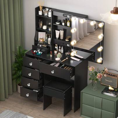Makeup Dressing Table With Lighted Mirror, Vanity Table, 6 Drawers And 6 Open Shelves, 3 Color Lights Adjustable Brightness, 10 LED Lights, Vanity Desk Stool Set, For Bedroom Or Bathroom, Christmas Halloween Gift For Women