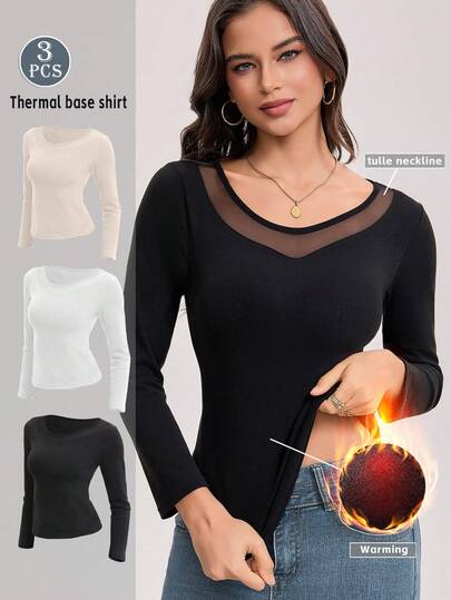 3 Peças Conjunto de Roupa Íntima Feminina de Cor Sólida com Tela Splice no Decote, Alta Elasticidade e Quente, Top de Base Macio e Confortável, Roupa Íntima de Inverno Que Também Pode Ser Usada Como Camisa Base Externa, Conjunto Multicolorido de Roupa Íntima de Inverno Quente