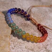1 pieza Pulsera hecha a mano de doble capa con cristal natural de estilo bohemio y siete chakras envuelta en alambre. Trae buena suerte y riqueza, sirve como un regalo ideal y es adecuada para uso diario en todas las estaciones.
