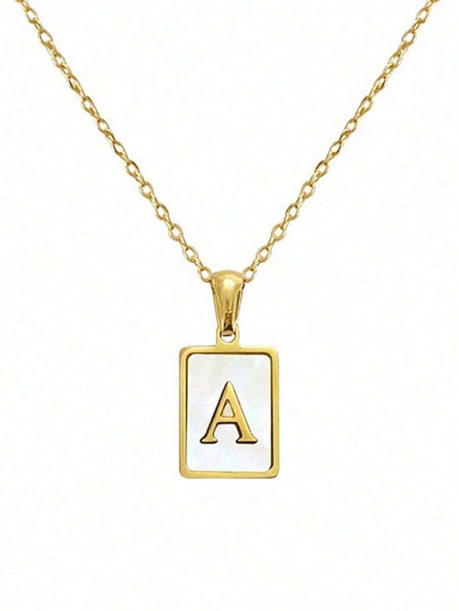 1 Piece Fashionable Stainless Steel Square Pendant Shell. 26 English Letters A-Z, Necklace, Non-Fading, Suitable For Ladies' Daily Wear.