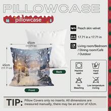 4pcs Christmas Snowy Landscape Printed Pillow Cover Set - Peach Velvet Pillow Case 45*45cm