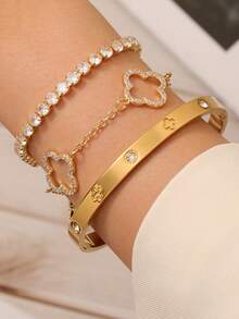 Bộ vòng tay và lắc tay bằng thép không gỉ đính đá Zirconia hình cỏ bốn lá thời trang thanh lịch dành cho nữ, thích hợp đeo hàng ngày, đeo nhiều lần, hẹn hò đôi, phối đồ trong nhiều dịp và làm quà tặng - Vàng - Xem 2