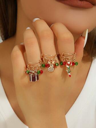 1pc/3pcs Set Christmas Jewelry Decorations, Creative Cute Christmas Gift Box And Christmas Deer & Candy Cane Decor Rings, Suitable For Women To Wear As Christmas Jewelry Rings And Gifts