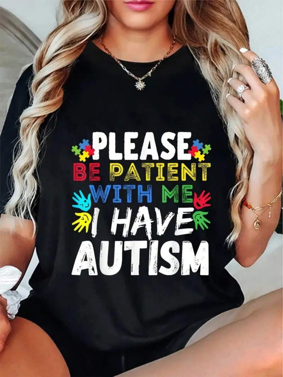 Mens Please Be Patient I Have Autism Awareness For TShirt Women'S Men'S Graphic Tee Causal Topsplus Size Summer Dress - màu đen - Xem 1