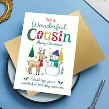 1pc Festive Christmas Card For Cousin - "To A Wonderful Cousin Merry Christmas" Greeting With Reindeer, Snowman & Holiday Decorations - Perfect Family Gift For Winter Celebrations, Holiday Greeting Card|Playful Design|Paper Christmas Card, Christmas Cards