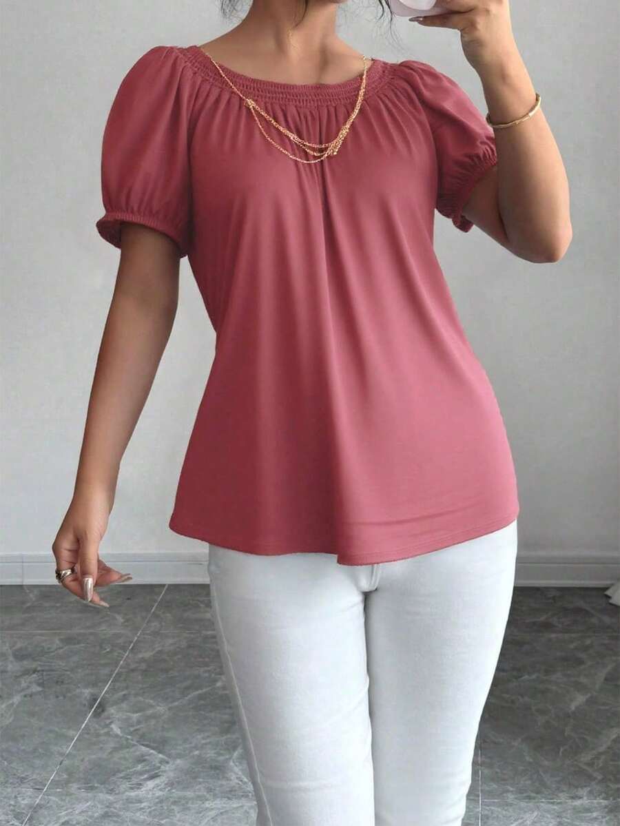 Blusa dama mujer oversize plus manga globo escote fruncido suelto lisa caída suave relajado cómoda fresca casual verano primavera uso diario citas oficina viaje eventos - Rosa - Ver 1