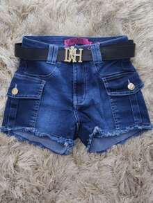 Short Jeans Cargo Feminino Cintura Alta Desfiado Azul com Bolsos - Lavagem Escura - Visão 3