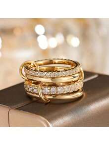 1pc Charm Elegant Gold Stackable Rings For Women, 18k Gold Plated Cubic Zirconia Rings, Silver Gold Multi Ring Mixed Metals Stack Rings Set