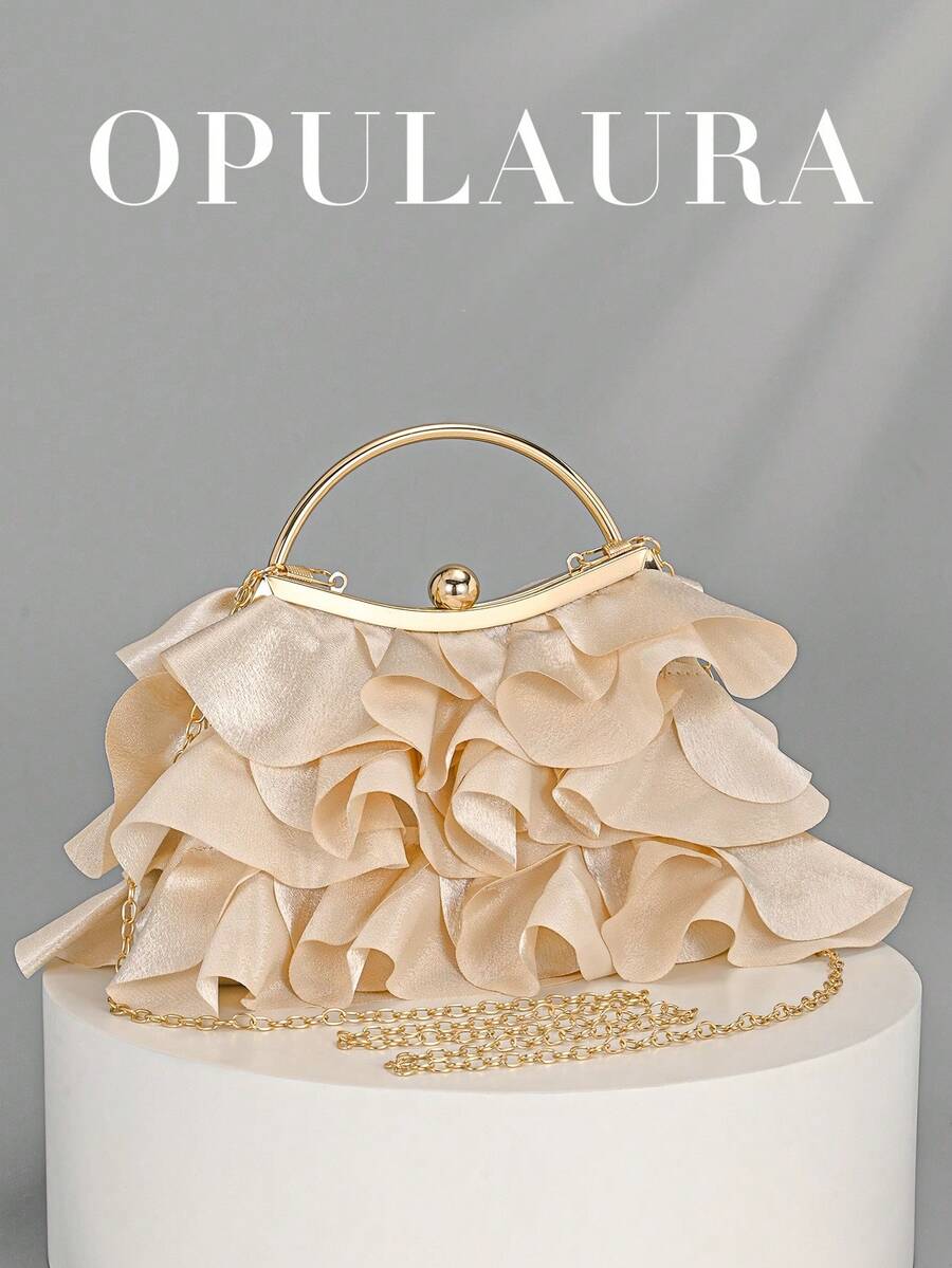 OpulAura 女款優雅迷人花瓣宴會手拿包,荷葉邊設計晚禮服手提包,適合新娘 - 杏色 - 查看 1