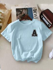 2pcs Tween Girl Letter A Print Short Sleeve T-Shirt And Flare Pants Set, Soft And Machine Washable, Spring/Summer