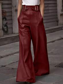 Pantalones de cintura alta elegantes de unicolor para mujeres, adecuados para el transporte en verano y principios de otoño - Burdeos - Ver 1