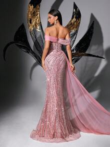 Women's Fairy-Style Pink Sequin Beaded Off-Shoulder High Slit Fishtail Evening Dress Wedding Spring - Pink - View 3