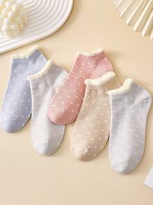 5 pares de calcetines de tobillo con volantes y lunares de colores para mujer, calcetines invisibles, transpirables y cómodos, adecuados para primavera/verano, colores surtidos