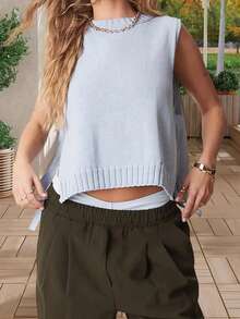 Women's Knit Tank Tops Sleeveless Crew Neck Solid Color Side Tie-Up Loose Fit Vest For Summer Spring Fall - 藍色 - 查看 1