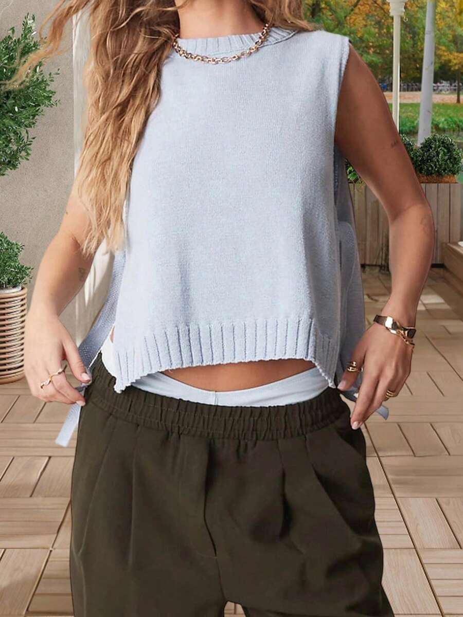 Women's Knit Tank Tops Sleeveless Crew Neck Solid Color Side Tie-Up Loose Fit Vest For Summer Spring Fall - 藍色 - 查看 1