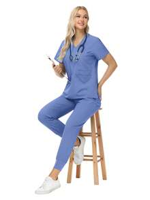 Pants Sets Short Sleeved Top Scrub Solid Color Surgical Gowns Hospital Accessories Manicurist Beautician Nursing Scrub Sets Women - Baby Blue - View 8