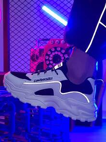 ​Men's  Black And White Chunky Sole Sneakers - Breathable Mesh Upper With Raw Hem Denim For Street Style Comfort, Year-Round Shoes​ - 白黑 - 查看 3