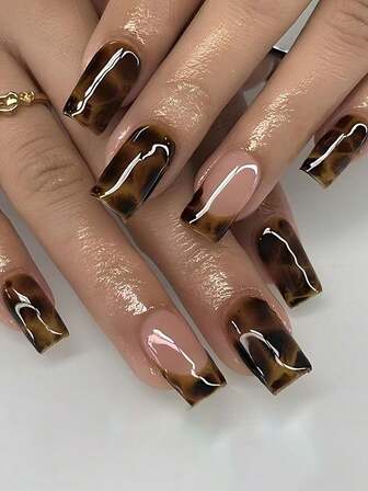 24pcs/Set Retro Leopard Print French Short Square Sweet & Spicy Press-On Nails, Includes 1pc Jelly Gel And 1pc Nail File, Ideal For Ladies & Girls Nail Art For Dates, Parties