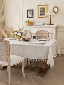 1pc Elegant Cream-Colored Linen Tassel Tablecloth, Rectangular European Style Coffee Table/Bedside Cabinet Cloth, Washable, Suitable For Farmhouse, Kitchen, Dining Table, Dinner, Family Gathering, Buffet, Wedding, Hotel Decor, Daily Home Decor, Thanksgiving Party Decoration