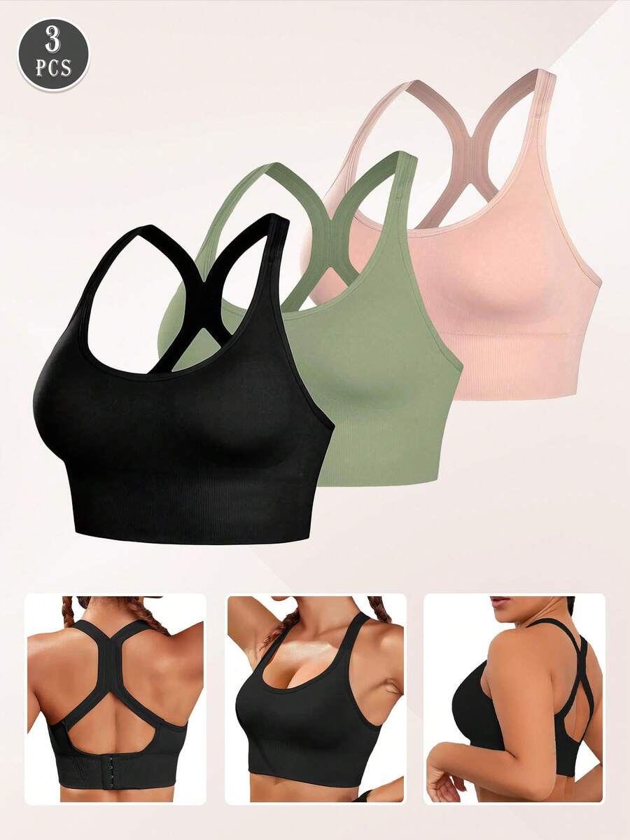 3PCS Seamless Shock-Absorbing Sports Bras, Lightweight And Breathable For Running, Racerback Design With Strong Wireless Support, Comfortable Padded Sports Camisole, Beautify Your Back, Thin And Comfortable - Multicolor - View 1