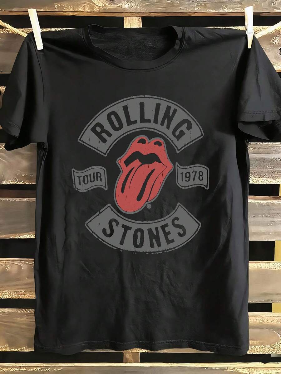 Women'S Vintage Rock Band Graphic T-Shirt - White Tee With Red Lips & Tongue Design, Soft Everyday Casual Shirt For Concerts, Parties, Casual Attire - Retro Music Lover Outfit, Rock Band T Shirts, Party Apparel, Playful Design, Comfortable Fit, Concert Outfit, Streetwear Fashion, Durable Print, Short Sleeve Top, Streetwear Enthusiasts - 黑色 - 查看 1