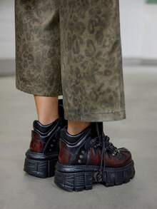 DareSee 哥特赛博朋克风厚底系带高帮休闲复古厚底运动鞋 圣诞节冬季圣诞礼物 - 黑紅 - 查看 7
