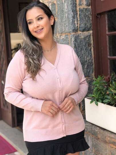 Casaco Liso Botões Básico Elastano Tricot Inverno