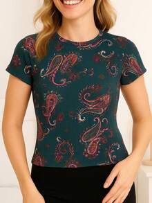 "Crop top paisley mujer boho – camiseta estampada paisley estilo retro, top bohemio psicodélico, crop top estampado cachemira ideal para moda boho chic y looks coloridos" - Verde Oscuro - Ver 11