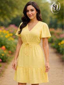 Women's Short Ruffle Dress Casual Duna Short Sleeve Midi Party Evangelical Fashion Elastic Waist. - 薄荷綠 - 查看 6