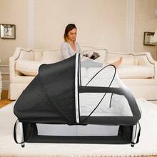 Travel Cot, Suitable For Baby Equipment At Home Or While Traveling, Portable, Foldable, Suitable For Newborns Up To 2 Years, Foldable Travel Cot, Side Bed, With Mosquito Net, 90*70*50cm - 黑色 - 查看 2
