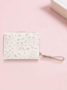 New Korean Style Folding Buckle Short Women's Wallet, Japanese Cute Cat Cartoon Integrated Card Holder, Student Bag, Zipper Coin Purse Wallet - Màu Khaki - Xem 4
